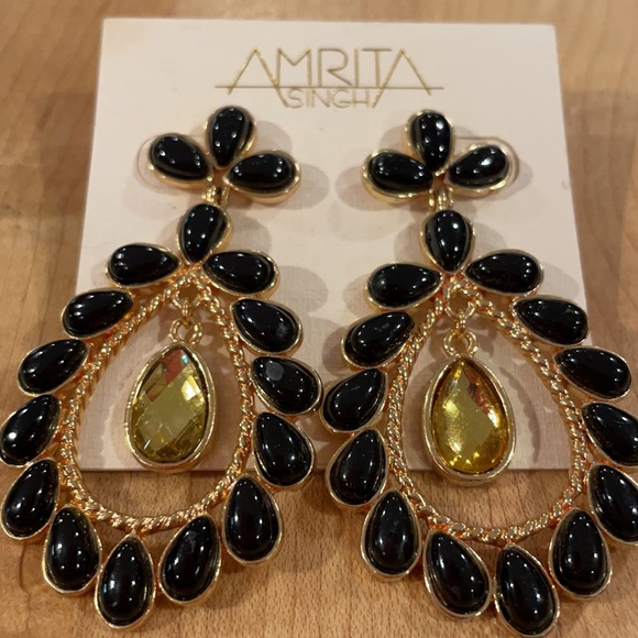 NWT Amrita Singh Black Enamel and 18K Gold Chandelier Earrings - Picture 2 of 4
